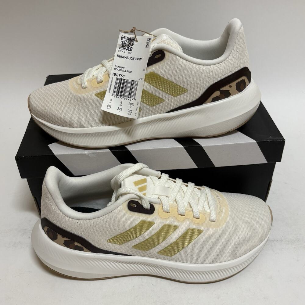 ADIDAS Run Falcon 3.0 Women’s Size 5.5 White Gold Cheetah Sneakers New In Box